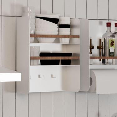 Imagem de Porta Temperos em Aço Carbono Branco e Madeira C/ Porta Papel - 40cm Linha Home