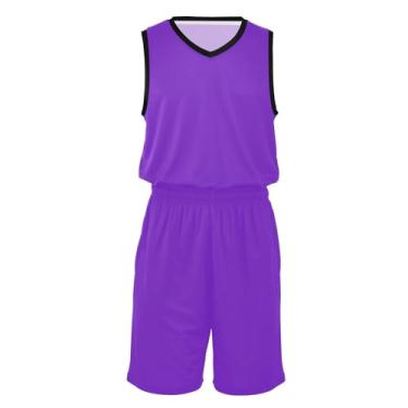Imagem de CHIFIGNO Camisa de basquete masculina e shorts de secagem rápida leve unissex camiseta de basquete para homens mulheres jovens, Azul, violeta, XXG