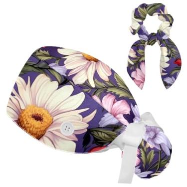 Imagem de Boné floral floral buffant para mulheres cabelo longo, boné cirúrgico com laço, chapéu de trabalho faixa de suor de algodão, Multicolorido 1, Small-XX-Large