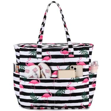Imagem de LEDAOU Sacola de praia grande feminina impermeável à prova de areia com zíper bolsa de praia para piscina, academia, compras, viagem, com bolso molhado, Flamingo, listras pretas e brancas, Large