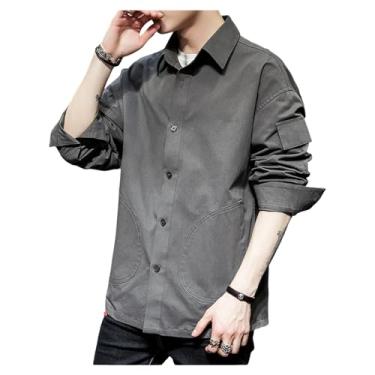 Imagem de Camisa masculina de lazer, estampa xadrez, cores combinando, manga comprida, ombro caído, botão, Cinza, P