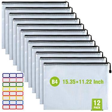 Imagem de 12 unidades de sacos de arquivo de plástico com zíper, pastas de arquivos de documentos à prova d'água resistentes a rasgos, bolsa organizadora de documentos tamanho B4 para escola, escritório, casa,