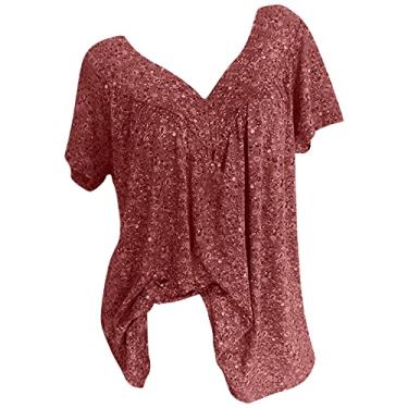Imagem de Homisy Camisetas femininas de manga curta floral, casual, caimento solto, gola V, túnica leve de verão para usar com leggings, Vermelho, M