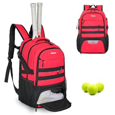 Imagem de Goloni Mochila de ginástica vermelha com 2 raquetes Pickleball unissex com compartimento para sapatos, adequada para squash, softbol, badminton, futebol, basquete e mochila de futebol
