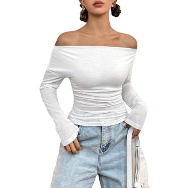 Imagem de SHENHE Camiseta feminina franzida ombro de fora manga longa sexy justa camiseta streetwear top, Branco, M