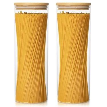 Imagem de Kit 2 Potes Hermético Vidro Borossilicato Tampa Bambu Natural 2000ml Macarrão Espaguete Mantimentos Cozinha Organização Luxo