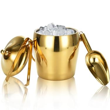 Imagem de Balde de gelo balde de champanhe com pegador, tampa de colher, bar de vinho, freezer, balde de gelo com suporte com alça de transporte, balde de aço inoxidável para espelho balde de champanhe para