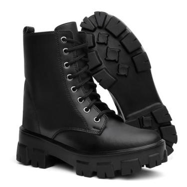 Imagem de Bota Coturno Tratorado Feminino Preto Cano Médio Confortável Estiloso