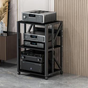 Imagem de Suporte de mídia AV móvel de 3/4/5 camadas Prateleira de canto Suporte para CD Player Gabinete de armazenamento de componentes estéreo Torre de rack de áudio com prateleiras de madeira ajust
