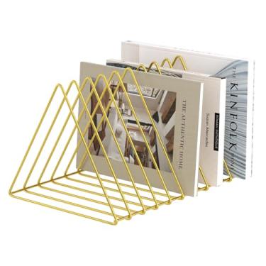 Imagem de Urban Deco Organizadores de mesa triangulares Suporte para revista de arame de metal 10 seções Organizador de pasta de arquivo decorativo de vinil Armazenamento de disco Organizador de arquivos para mesa - Suporte de arquivo de revista dourado