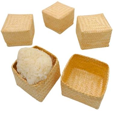 Imagem de FOREVER 1 – Cesta de arroz pegajosa 9,5 x 9,5 cm, recipiente de arroz pegajoso cozido no vapor de bambu Kratib, cesta de servir feita à mão da Tailândia, cor de bambu original, Kratib tailandês e do Laos para casa, restaurante