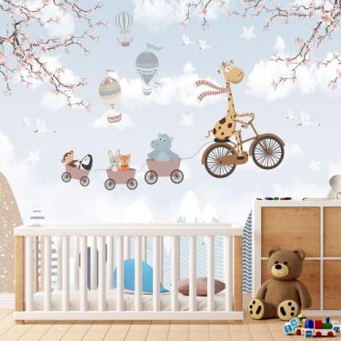 Imagem de Papel de Parede Foto Mural Infantil Zoo Girafa em Bicicleta e Balões p
