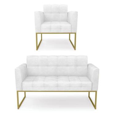 Imagem de Kit 1 Sofá Namoradeira E 1 Poltrona Elisa Corano Base Metálica Industrial Dourado - D`rossi Cor Branco