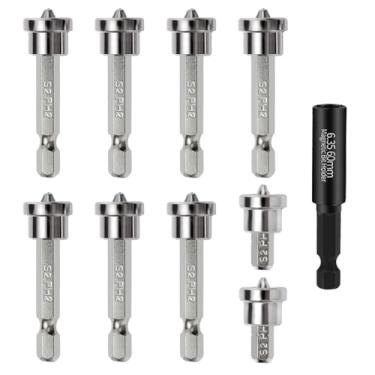 Imagem de SeonFook 10 peças de pontas de chave de fenda de posicionamento magnético, conjunto de brocas PH2 para drywall com 1 suporte magnético para placa de gesso, parafuso de haste sextavada, cabeça de lote