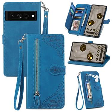 Imagem de Monwutong Capa carteira com design de armazenamento com zíper para Google Pixel 7A, capa de couro com toque agradável à pele com fecho magnético e coldre para vários cartões para Google Pixel 7A, azul