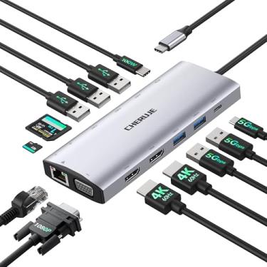 Imagem de Estação de ancoragem com dois monitores para laptop Windows, estação de ancoragem USB C 13 em 1 com HDMI duplo 4K 60Hz, 1 VGA, 5 USB-A, 100W PD, Ethernet, SD/TF, hub USB para Dell