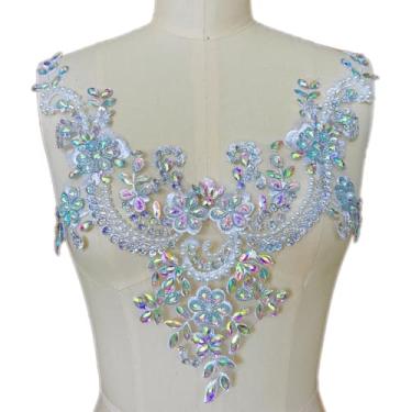 Imagem de Succi Shan Remendos de pérolas de contas de flores de renda, apliques de strass costurados para decote de roupas sociais (AB)