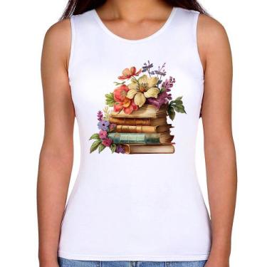 Imagem de Regata Feminina Livros e Flores Vintage - Foca na Moda, Branco, M