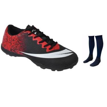 Imagem de Chuteira Society Adulto Infantil com Meião - Perflex, Preto vermelho, 