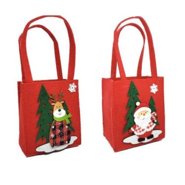 Imagem de Kit 2 Sacolas com Alça Feltro Decorado Natal Papai Noel e Rena 30cm - 