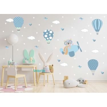 Imagem de adesivo de parede urso aviador grande balões azul médio - Senhorita De