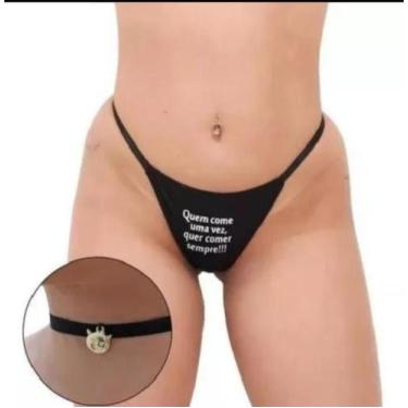 Imagem de Calcinha tanga fio frase noite sex preta + gargantilha hotwife - Deia,
