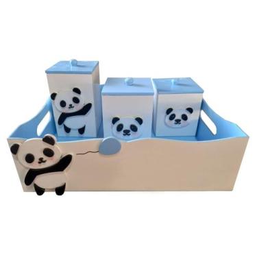 Imagem de Kit Higiene Bebê MDF 4 Peças Cesta Organizadora Panda Azul - Canaã Art