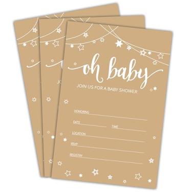 Imagem de NYCTUG Convites de chá de bebê minimalista marrom - 25 Oh Baby Convites com envelopes para revelação de gênero, anúncio de bebê, lembrancinha e suprimentos de festa de bebê recém-nascido - B05