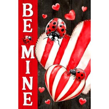 Imagem de Texupday Be Mine Strips Love Heart Ladybug Decoração Vertical Dia dos Namorados Bandeira de Jardim Rústica Feriado Festa de Casamento Outdoor Yard Banner 30,5 cm x 45,7 cm
