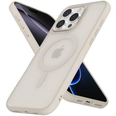 Imagem de oakxco Capa para iPhone 16 Pro Max transparente fosca, magnética fosca compatível com carregamento sem fio Magsafe, protetor fino de plástico rígido e amortecedor de silicone macio, titânio bege
