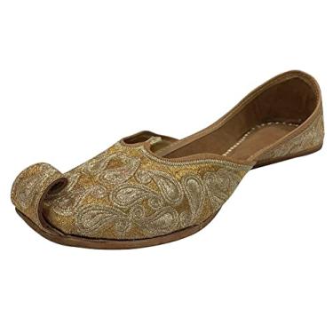 Imagem de Gold Zari Punjabi Jutti Tênis feminino macio liso étnico feito à mão Juti tradicional Jooti casamento indiano, Dourado, 39