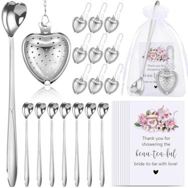 Imagem de 50 conjuntos de lembrancinhas de chá de panela para convidados, lembrancinhas de chá de coração, infusor de chá, colher de chá para chá solto com cartões de agradecimento, sacos de organza para