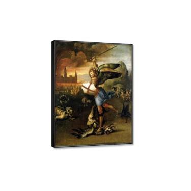 Imagem de Impressões de arte famosas de São Miguel e o Dragão por Raffaello Sanzio pôster arte de parede em tela religiosa - reprodução de belas artes clássicas pinturas a óleo vintage imagens para quarto 60 x