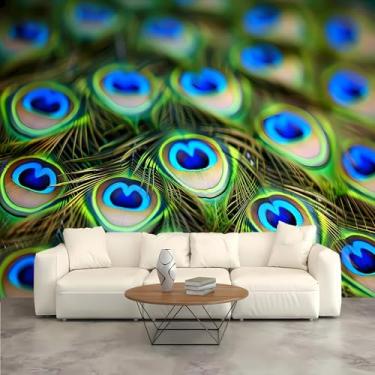 Imagem de Lcythiazole Mural de papel de parede de pavão de tamanho personalizado - papel de parede mural de penas de pavão, papel de parede autoadesivo removível para sala de estar e quarto