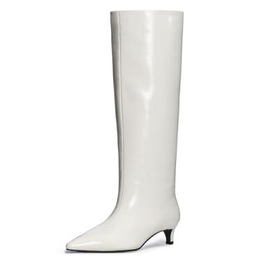 Imagem de COMJUY Botas femininas com salto gatinho na altura do joelho, 3,8 cm, salto baixo agulha de 3,8 cm, botas altas femininas de cano alto, abaixo do joelho, couro sintético, Off-white, 40