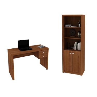 Imagem de Escritório com Mesa para Computador 2 Gavetas Com Armário Pareteleira 2 Portas Amendoa - FdECOR