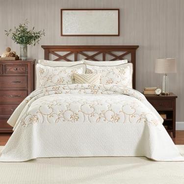 Imagem de Finlonte Colcha King extragrande 325 x 304 cm - 100% algodão com bordado de videira Cal King, colcha de cama branca (marfim) de videira dourada, leve extra grande com 2 fronhas