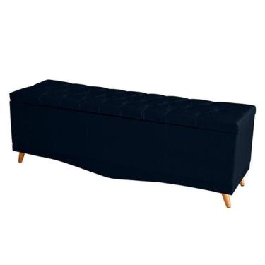 Imagem de Recamier Calçadeira Baú Barcelona Queen 160 Cm Botão Encapados Pés Palito Suede Azul Ma...