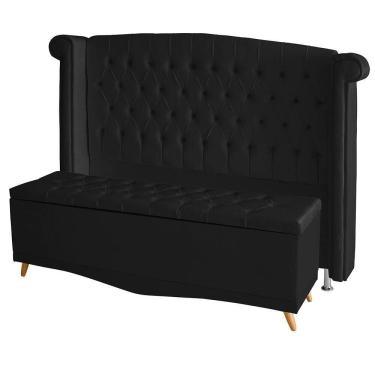Imagem de Kit Cabeceira De Cama E Calçadeira Baú Luxo Queen 160 Cm Suede Preto Do Lar Móveis