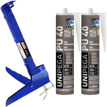Imagem de Kit Aplicador de Silicone + 2 Cola Selante Adesivo PU 40 Cinza 400g Unipega Construção e Vedação