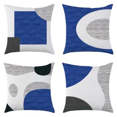 Imagem de Mimkus Pacote com 4 capas de almofada boêmias, abstratas, 45,7 x 45,7 cm, azul-marinho, cinza, preto, branco, design moderno de meados do século para decoração de sofá, cama, sala de estar