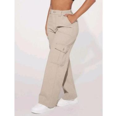 Imagem de Calça Cargo Feminina  Estilo Street, Cintura Alta e Bolsos Laterais - 