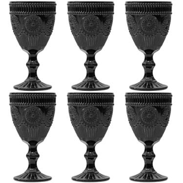 Imagem de Conjunto de 6 taças de vinho vintage pretas de 290 ml, taças de água de vidro colorido de 293 ml, padrão floral exclusivo em relevo, alta transparência, vidro, festa de casamento, bar, copos chiques