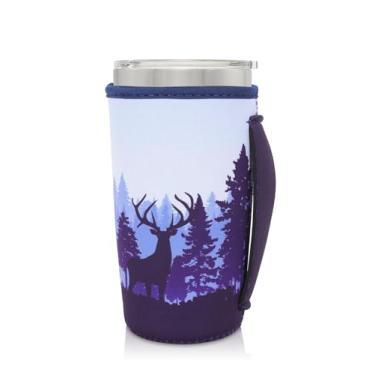 Imagem de AJLTPA Suporte de copo com isolamento de neoprene com alça para copos de 590 ml, manga reutilizável para café gelado compatível com Starbucks Trenta, Dunkin grande, mais (Foggy Forest)