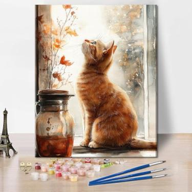 Imagem de TUMOVO Pintura por números para adultos iniciantes, gato no peitoril da janela, kit de pintura a óleo DIY para adultos, artesanato em tela de gato para decoração de parede de casa, 40,6 x 50,8 cm