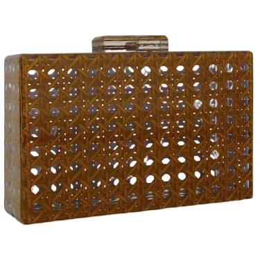 Imagem de Gets Bolsas de mão de acrílico para mulheres em tecido de vime bolsas de mão de acrílico para noite bolsa clutch caixa quadrada para festa de formatura, Marrom