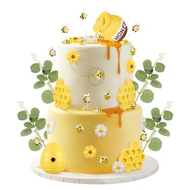 Imagem de RoundFunny 45 Pcs Bee Cake Decorations Including Resin Bee Honey Jar Honeycomb Honeypot Daisy Sunflower Cake Topper for Birthday Baby Shower Party Dessert Supplies