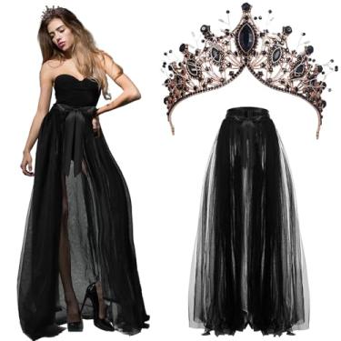 Imagem de Panitay 3 peças de fantasias góticas de Halloween para mulheres, saias longas de tule, tiara rainha e cílios de aranha para casamento, coquetel, baile, bandagem, vestido de malha para noivas, Preto,