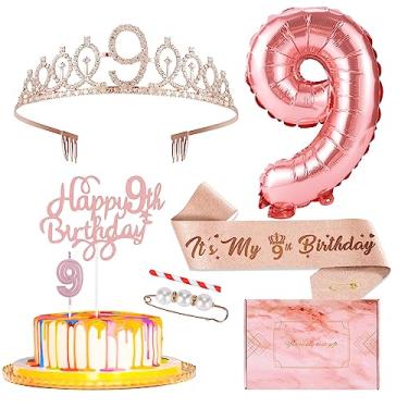 Imagem de Rikastua Decorações De 9º Aniversário Para Meninas, Incluindo Faixa, Tiara Coroa Com Strass Em Ouro Rosa, Topo Bolo, Conjunto Velas E Balões Números, Presentes Meninas 9 Anos, Artigos Lembrancinhas