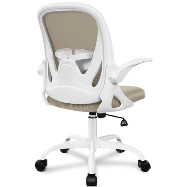Imagem de Primy Cadeira de escritório ergonômica com apoios de braços dobráveis cadeira de computador de malha respirável giratória com suporte lombar ajustável e altura para sala de conferências (Cáqui)